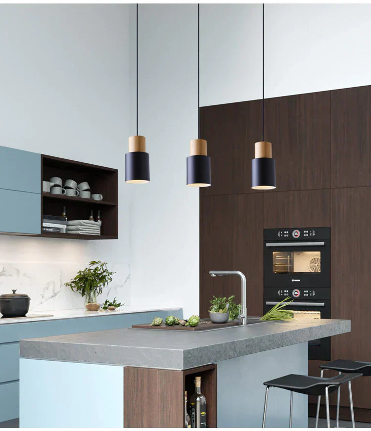 Marlen | Wood and Metal Cylindrical Pendant Light