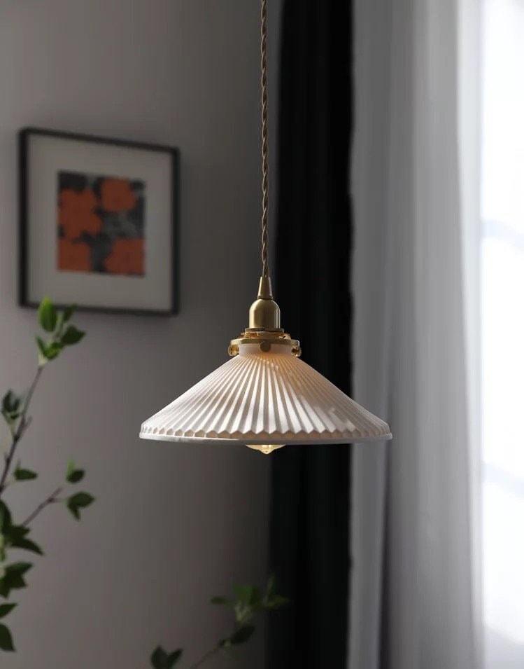Kiyomi | Pleated Hat-Shaped Japanese Ceramic Pendant Lamp With LED Bulb Included