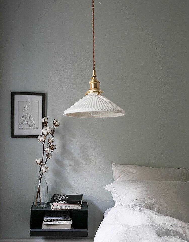 Kiyomi | Pleated Hat-Shaped Japanese Ceramic Pendant Lamp With LED Bulb Included