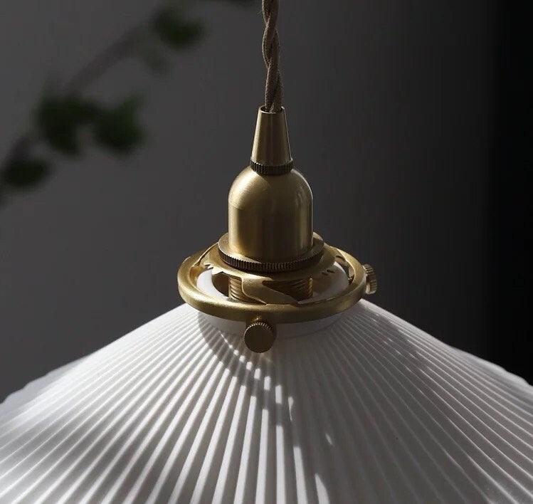 Kiyomi | Pleated Hat-Shaped Japanese Ceramic Pendant Lamp With LED Bulb Included