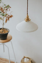Kiyomi | Pleated Hat-Shaped Japanese Ceramic Pendant Lamp With LED Bulb Included
