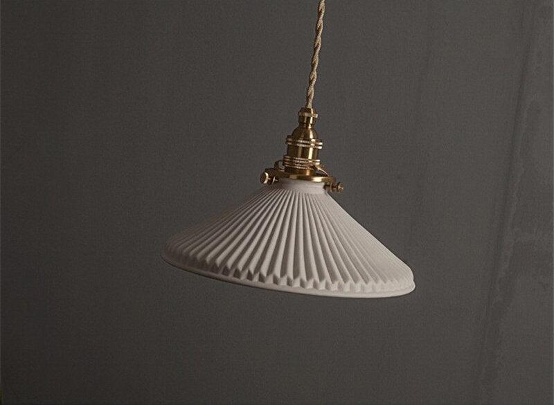 Kiyomi | Pleated Hat-Shaped Japanese Ceramic Pendant Lamp With LED Bulb Included