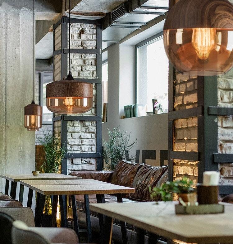 Lumina Nordic Metal LED Pendant Light with Woody Design, Tea-Tinted Glass Shade and Bulb Included