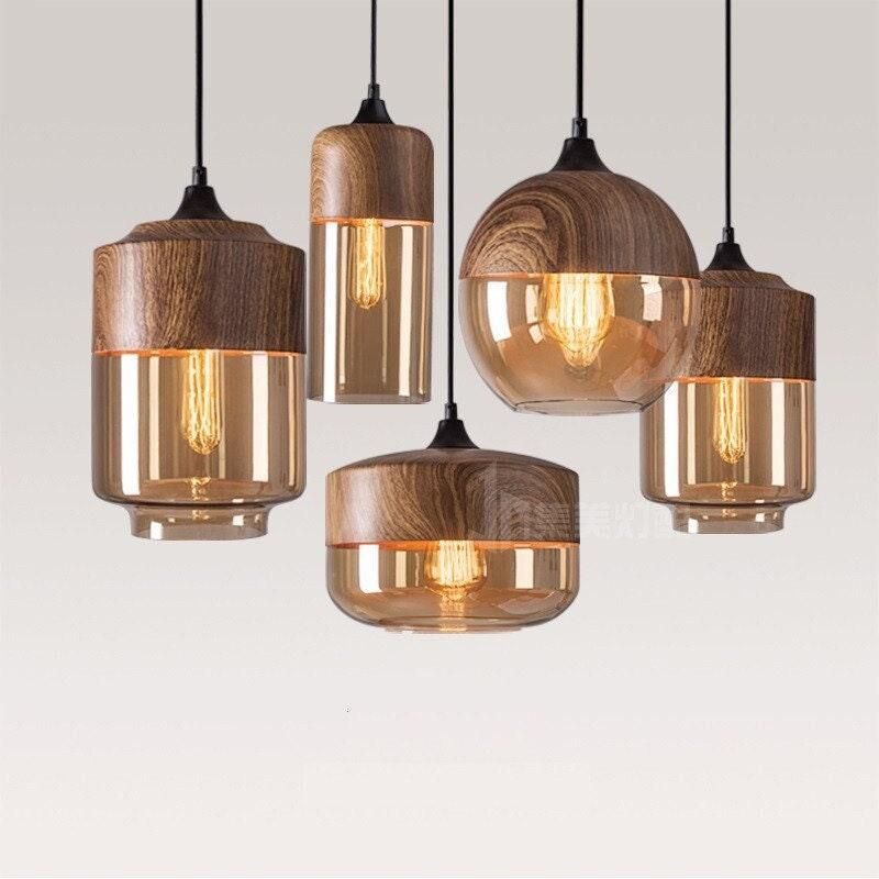 Lumina Nordic Metal LED Pendant Light with Woody Design, Tea-Tinted Glass Shade and Bulb Included