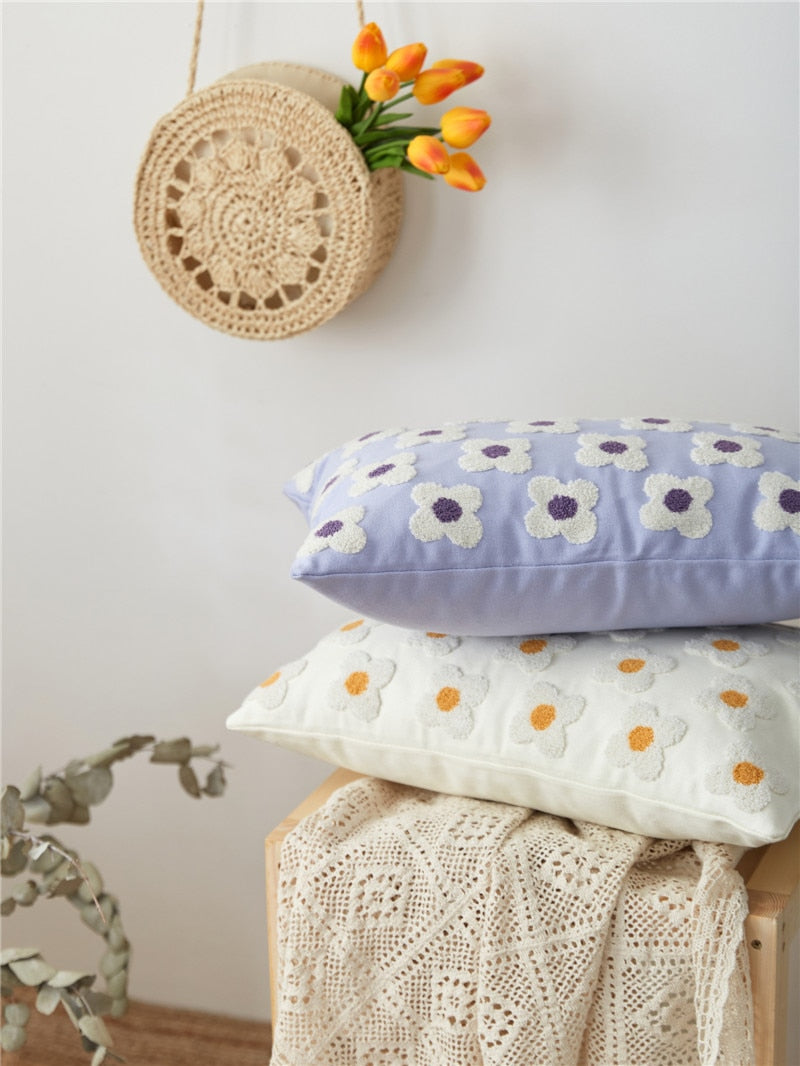 Lumbar Pillow Cover with Daisy Embroidery