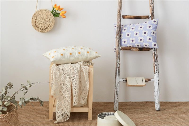 Lumbar Pillow Cover with Daisy Embroidery