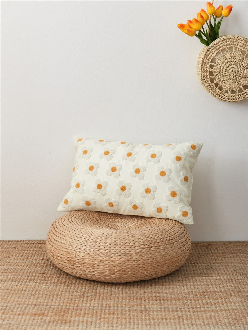 Lumbar Pillow Cover with Daisy Embroidery